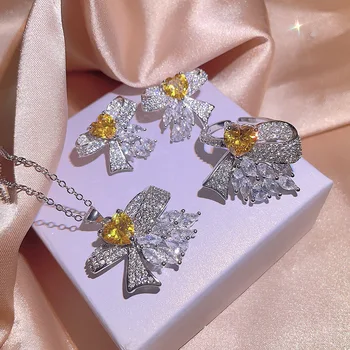Luksuzni ženski nakit kit 925 sterling sa žutim циркониевым luk Love, naušnice, prstenje, ogrlica, dar za zurke