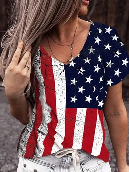 Majica sa 3D ispis američke Zastave, Ženski Modni Majice s V-izrez, Majice kratkih rukava, Majice, Besplatne Dnevne Majice, Vintage...