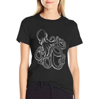 Majica sa slikom hobotnice, bijela linija, slatka ženska odjeća, majica kratkih rukava, proljetna odjeća za žene 2023