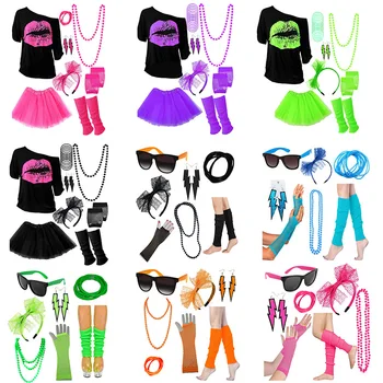 Majice, naušnice, Suknja-bala, Rukavice, perle, gamaše, Komplet odijela za bachelorette party, neonske маскарадное haljina 80-ih