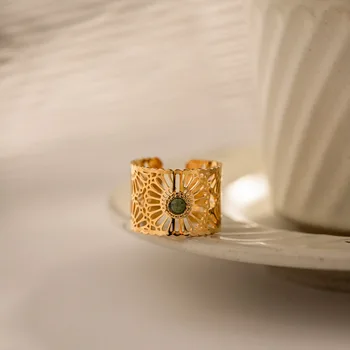 Moderni otvoreni prsten s šuplje uzorkom, инкрустированное prirodnim kamenom od nehrđajućeg čelika za žene, trendi i šik nakit od zlata 18k