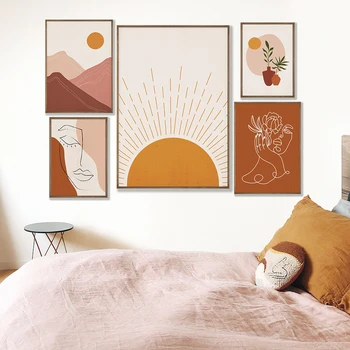 Moderni terakota plakat sa slikom Sunca u boho stilu, Apstraktni geometrijski slikarstvo na platnu, Galerija zidne slike za uređenje doma dnevni boravak