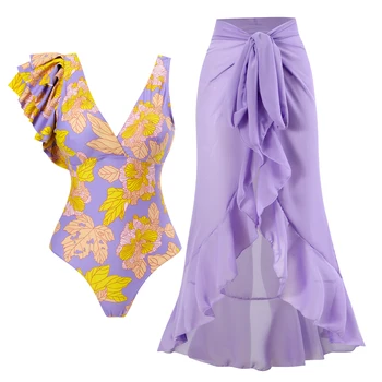 Modni jednodijelni kupaći kostim s cvjetnim ispis i suknju, обтягивающая ženska povez, zelena ljeto plaža odjeća 2023 luksuzni