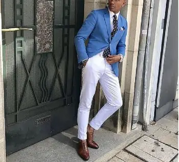 Modni muška odijela 2020, Službeni muško odijelo Slim Fit, 2 komada, smoking Mladoženja, sportska jakna za vjenčanja i maturalne (Plava jakna + bijele hlače)