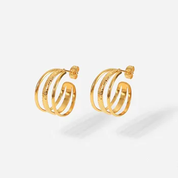 Modni Okrugle naušnice s geometrijskim premazom od 18-karatnog zlata, tri naušnice-prstenovi od nehrđajućeg čelika triple S-oblika za žene