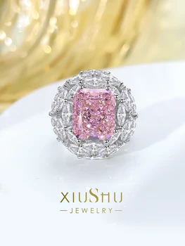 Modni prsten od srebra s umjetnim ružičastim dijamantom, инкрустированное высокоуглеродистым dijamant, moderan i нишевый dizajn temperament