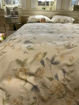 Modni romantični set posteljine sa zelenim пасторальным cvijet, puna kraljica, kralj, kućni tekstil u rustikalnom stilu s cvjetnim uzorkom, krevetu, jastučnica, deka