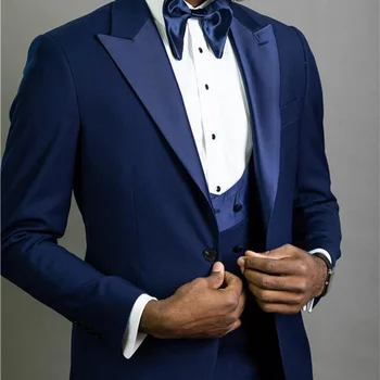Modni Šivani po mjeri Plave Tuxedos za Mladoženju, Muška Odijela s Šiljastih Lapels, sportska jakna za Groomsmen na vjenčanju/Izlazne (jakna + Hlače + Prsluk).