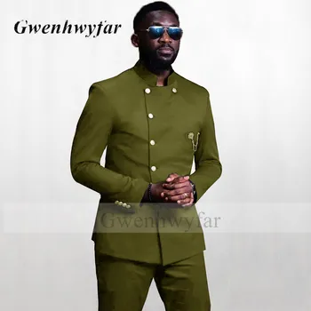 Muška odijela Gwenhwyfar u Afričkom stilu, Šivani po mjeri sa Zlatnim Gumbima, Army Zeleni Kostim, Muški sportska jakna s ovratnikom-stalak, Hlače za Službena zurke