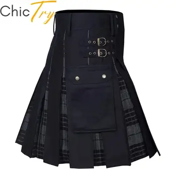 Muška Шотландско-irish suknja Moderan hibridni kockice univerzalni kilt s Podesivom kopčom i džepovima-teretni za festival косплея