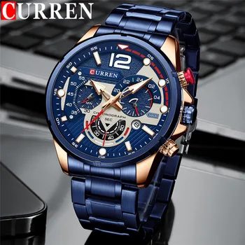 Muški ručni sat CURREN, vodootporan kronograf, mens plave boje u stilu милитари najbolji brand luksuzni, sportski muški sat od nehrđajućeg čelika 8395