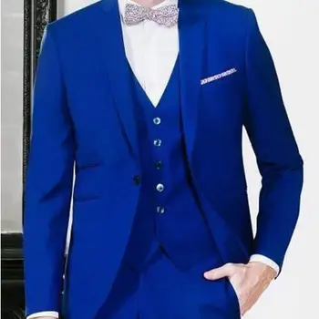 Najnoviji dizajn, Royal plava Odijelo od 3 predmeta Za muškarce, Tuxedos Mladoženja, Odijela za mladoženju, Blazer s igle (jakna + Hlače + Prsluk).