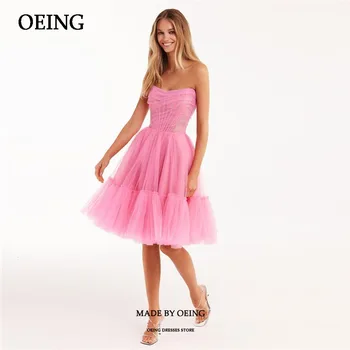 OEING, slatka večernja haljina od ružičastog tila bez naramenica, korzet dužine do koljena, haljina princeze za prom za formalnu prigodu 2023, novi dizajn