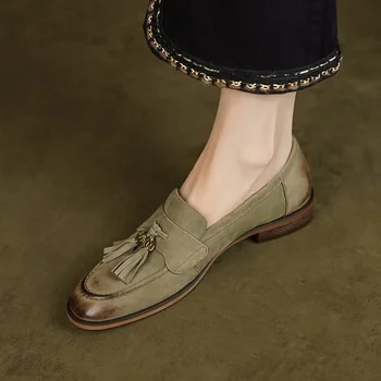 Osnovne Лоферы ravnim cipelama U retro stilu, ženske balet stanovi ravnim cipelama, Proljeće-Jesen, bez-uvezivanje, od prave kože, Vintage cipele ravnim cipelama S okruglim Vrhom