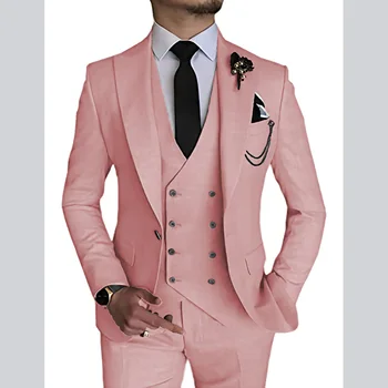Pink Двубортный odijelo s lapels, Приталенный Carinski modni Odijelo, komplet od 3 predmeta (jakna + Hlače + Prsluk), Tuxedos za mladoženju, Gala večeru na vjenčanje