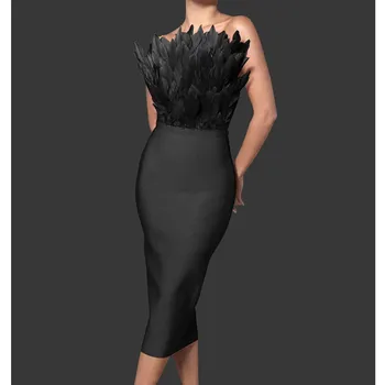 Prekrasna haljina midi s dizajnom star perja, crna Haljina bez Naramenica, Elegantne Smeđe Haljine za zabave i klubova, vrpce za kosu od noja