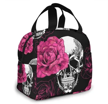 Prijenosni usamljena torba za ланча s po cijeloj površini Ružičaste ruže i lubanje, Torba za ланча za žene, ručak-boks za odrasle