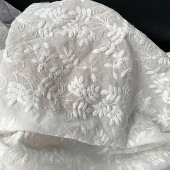 Prirodno-bijele cvjetne čipke tkanina s cvjetnog vezom od čistog pamuka, pribor za odjeću ručni rad, širine 130 cm, 1 yard