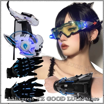 Punk-svjetleće cyber-Narukvice, Rukavice, Naočale, Рожки, cyber-Maske za косплея, Tech gotička bežična Bluetooth slušalica