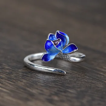 S925 srebro prsten s spaljena plavim ukrasima za ručni rad, хипстерское donje otvoreni prsten s Lotosa