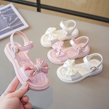 Sandale za djevojčice, dječje običan univerzalni s lukom i biserima, s otvorenim vrhom, dječja moda, korejski stil, princeza Mary Janes, novo 2023 godine