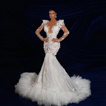 Seksi svadba haljina sirena s 3D cvjetnim ispis, iluzija V-spoj izrez, тюлевое svadba haljina sa volanima, pjenušava čipka aplicirano, vjenčanica