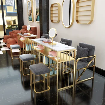 Set luksuznih noktiju stolova i stolica Nordic Light od kovanog željeza, mramora, jednokrevetne i dvokrevetne profesionalne noktiju stolova sa usisavačem