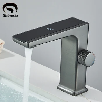 Shinesia Siva/crna Pametan miješalica za sudoper, Prikaz temperature, Miješalica za umivaonik u kupaonici, Mesing, Slavina za toplu i hladnu vodu, Hidroenergija
