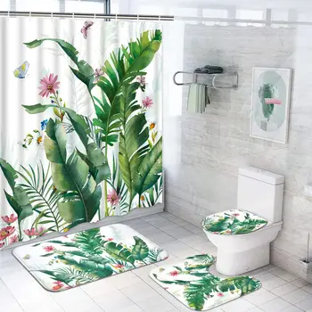 Skup zavjese za tuširanje s lišća banane lišćem, нескользящий mat, Pribor za kupaonice, tropska palmino biljka, skup zavjese za kadu, botanički cvjetni zeleni