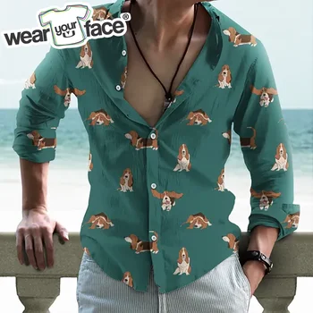 Slatka havajski svakodnevne majice na zakopčane s 3D ispis u obliku štene, dugi rukav, plaža ured za uličnu muška odjeća
