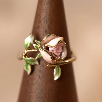 Slatka romantična vjenčano prstenje s emajlom u obliku ružičaste ruže za žene, fin nakit u retro stilu, podesiva pokloni prijatelju