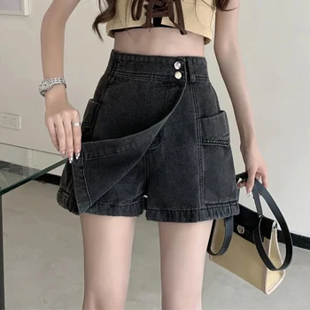 Suknja-hlače u korejskom stilu, sa visokim strukom, ženske gaćice 2023, Ljetne traper kratke hlače s džepovima, ženske gaćice trapeznog oblika s dvostrukim zakopčane, Mujer