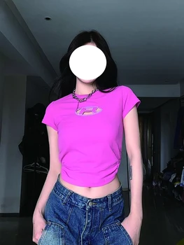 T-shirt Y2KT sa šupljim slovima, однотонный dizajn, seksi tanka košulja низом, обтягивающая kratka ženska