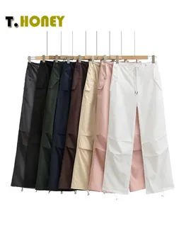 TELLHONEY / ženske modne čvrste hlače ispred čipka-up s džepovima, svakodnevne ženske hlače-teretni s izravnom подолом i tie na visok struk