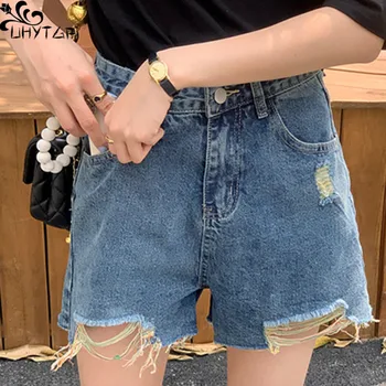 UHYTGF Traper kratke hlače Ženska ljetna koreanska verzija, nepravilna retro gaćice s visokim strukom, poderane neprerađenih ruba ulične modne ženske traper kratke hlače