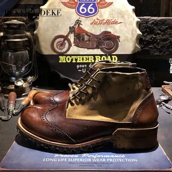 Vintage radne cipele od 100% prave kože s visokim берцем, muške cipele u stilu patchwork u zapadnom stilu čipka-up, kvalitetan biciklistički čizme na platformu, gospodo