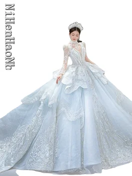 Vjenčanicu princeze s dugim rukavima za žene 2023, loptu haljina s aplikacija od tila, vjenčanje djeveruša haljina