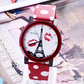 Vruće prodaju Nove sati s Eiffelovog tornja, sati grašak, ženskih crvenih sati, svakodnevne kožne ručni sat bayan kol saati