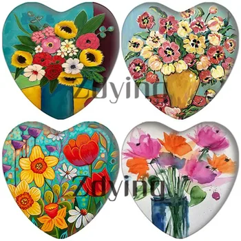 ZDYING Stakleni кабошон u obliku srca, vodene boje proljetnog cvijeća, nacionalna umjetnička slika, male stalak za ladicu nabava za nakit svojim rukama