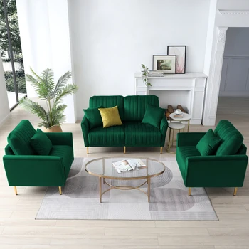 Zelena dioni kauč od 3 predmeta za dnevni boravak, baršunasti kauč s riskirati, Kauč-stolice za unutarnje namještaja za dnevni boravak