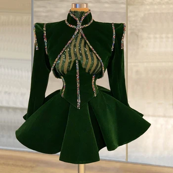Zeleni koktel haljine-torbica s dugim rukavima, kratke mini-baršun haljine za susret diplomanata, izvezena perle, od haute couture