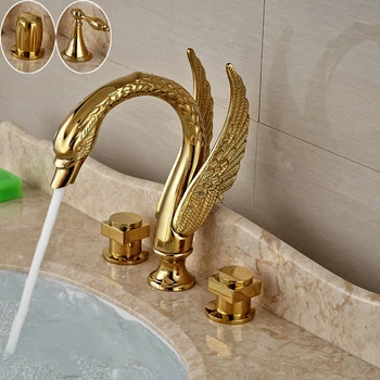 Zlatni mikser za pranje s dvostrukom drškom u obliku labuda, široko rasprostranjena zidna miješalica za kupaonicu s toplom i hladnom vodom