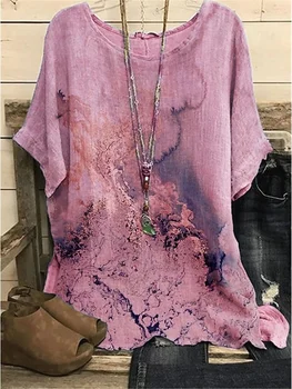 Ženska košulja, bluza s mramornim градиентным po cijeloj površini, kratki rukav, dnevni odmor, vintage casual majica okruglog izreza, top