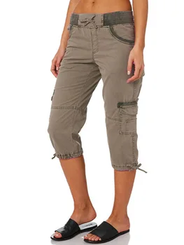 Ženske hlače-teretni sa visokim strukom, svakodnevne hlače, kratke hlače od pamuka i lana, tanke slobodan široke hlače srednje dužine