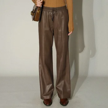 Ženske jesensko-zimske hlače od prave kože za prigradski putovanje s elastičnim pojasom i tie, uske duge, široke hlače od ovčje kože