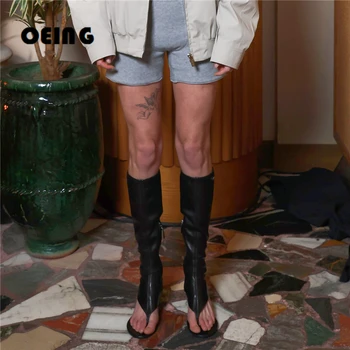 Ženske kožne čizme-bič do koljena, proljeće ženske čizme protežu na niskim petama 50 mm, ukusan cipele s otvorenim vrhom i bočni zatvarač Botas De Mujer 40