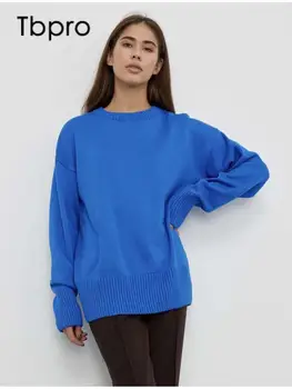 Ženski pletene pulover okruglog izreza i dugim rukavima, ženske meke tople svakodnevne veste, jesenje skakači ulične obvezujuća 2023 godine, ženska moda