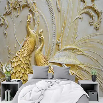 Žuta reljefni paun od gipsa skrojen dnevni boravak spavaća soba 3D samoljepljive tapete freska