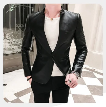Однотонный crna приталенный sportska jakna, muška jakna od umjetne kože, poslovni svakodnevne blazers za maturalnu večer, gospodo korejski odijelo i kaput
