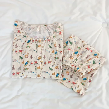 Пижама slatka štene od korejskog crtića, ženska ljetna пижама od čistog pamuka s kratkim rukavima, Suknja za spavanje u Životinjskom Svijetu, Komplet za kućne odjeće